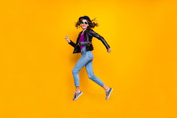 Wall Mural - full body profile side photo of cheerful dreamy jum run enjoy soring weekends wear good look denim j