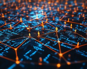 Fototapete - A hightech business concept with small corporate figures at the center of a holographic data network