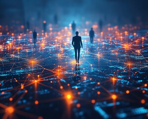 Fototapete - A hightech business concept with small corporate figures at the center of a holographic data network