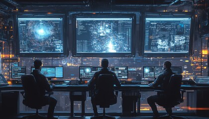 Leinwandbilder - Digital illustration of four men sitting at a desk with multiple hightech computers and large monitors in a futuristic command center