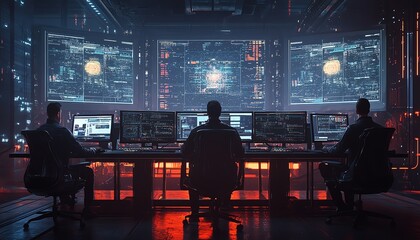 Leinwandbilder - Digital illustration of four men sitting at a desk with multiple hightech computers and large monitors in a futuristic command center