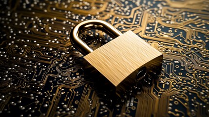 Fototapete - Padlock on top of a computer circuit board in 3D rendering, representing secure technology, data privacy, and encryption