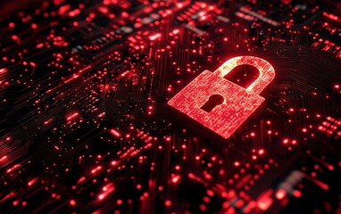Aufkleber - 3D rendering of a padlock icon on a circuit board, illustrating cybersecurity, encryption, and secure data systems in a digital world