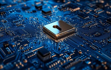 Fototapete - 3D rendering of a padlock on a computer circuit board, symbolizing digital security and encryption with advanced technology
