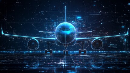 Poster - Abstract digital art of an airplane with a futuristic interface at the center, aerospace and aeronautics concept, hightech visualization