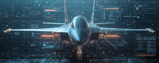Poster - Airplane in the center of the image with a futuristic interface, abstract digital aerospace and aeronautics design, advanced technology