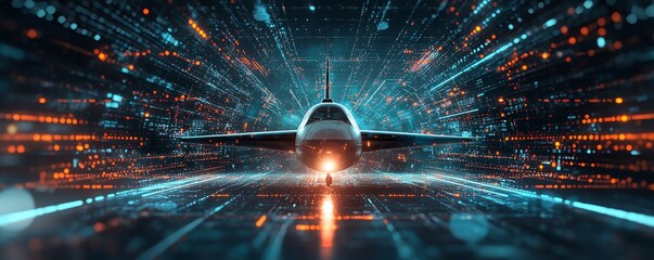Aufkleber - Airplane in the center of the image with a futuristic interface, abstract digital aerospace and aeronautics design, advanced technology