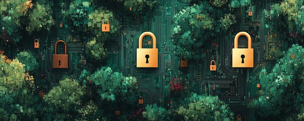 Poster - Closeup digital art of a circuit board with multiple padlocks, symbolizing data privacy compliance and cybersecurity measures