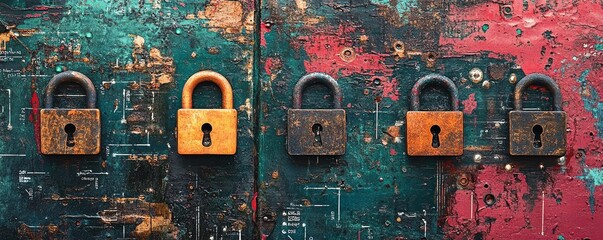 Poster - Closeup digital art of a circuit board with multiple padlocks, symbolizing data privacy compliance and cybersecurity measures