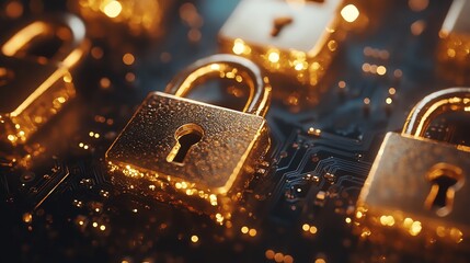 Leinwandbilder - Closeup of a circuit board with multiple padlocks arranged, symbolizing data privacy compliance and cybersecurity protection