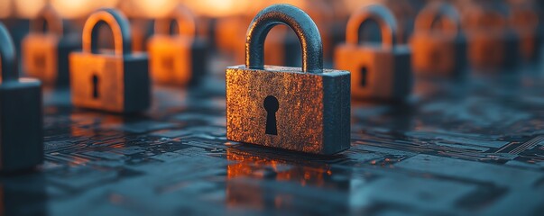 Leinwandbilder - Closeup of a circuit board with multiple padlocks arranged, symbolizing data privacy compliance and cybersecurity protection