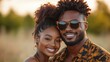 ©  Shomixer - This image captures a joyful couple posing together, dressed in fashionable clothing against a picturesque sunset, radiating love and happiness.