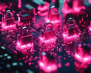 Leinwandbilder - Digital art of a circuit board with padlocks arranged to ensure data privacy compliance, highlighting cybersecurity technology