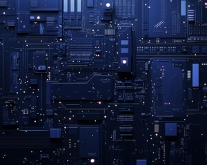 Poster - Digital circuit board design in minimalistic blueprint style on dark blue background, sleek and futuristic technology concept