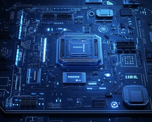Poster - Digital circuit board design in minimalistic blueprint style on dark blue background, sleek and futuristic technology concept