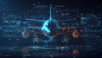 Poster - Futuristic airplane interface in the center of the image, abstract aerospace and aeronautics design, modern technology theme