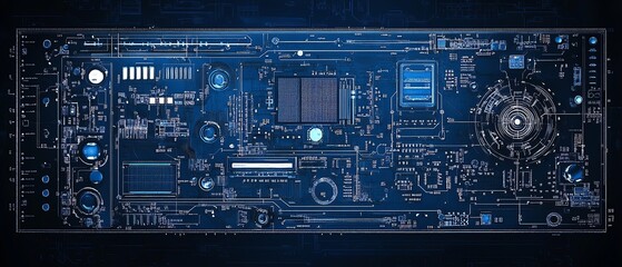 Poster - Minimalistic blueprint of a circuit board, dark blue background, digital artwork of modern tech systems and clean lines