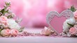 © ArtVessel - Elegant heart frame with pink roses, pearls, and butterfly on soft blurred background