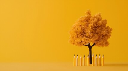 Wall Mural - A vibrant yellow tree surrounded by yellow pencils on a bright background, symbolizing creativity and inspiration.