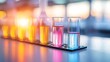 © NORN - Laboratory Research: Colorful liquids in test tubes sit on a rack, illuminated by a warm, sunset-like glow, suggesting scientific discovery and innovation.