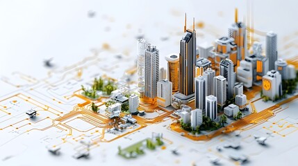 Futuristic Minimalist Isometric 3D Cityscape with Sleek Skyscrapers and Modern Office Buildings on a Clean White Background  Architectural Design Urban Planning and Real Estate Concept