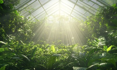 Poster - A lush greenhouse filled with vibrant greenery, illuminated by sunlight streaming through the glass roof, creating a serene and tranquil atmosphere.