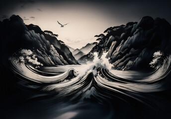 Poster - Monochrome Chinese landscape showcasing dramatic mountains meeting water with powerful waves and a soaring bird in flight, creating a dynamic scene.