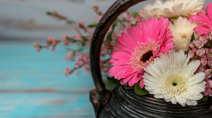 Wall Mural - Pink and White Gerbera Daisies in Rustic Basket on Wooden Background