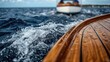 © tugkiara - Wooden boat deck, waves, and a boat in the distance. Possible use Stock photo for sailing, water sports, or nautical themes