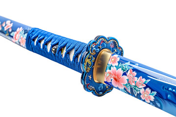 Wall Mural - Unique samurai sword featuring blue handle wrapping and elegant floral embellishments isolated on transparent background