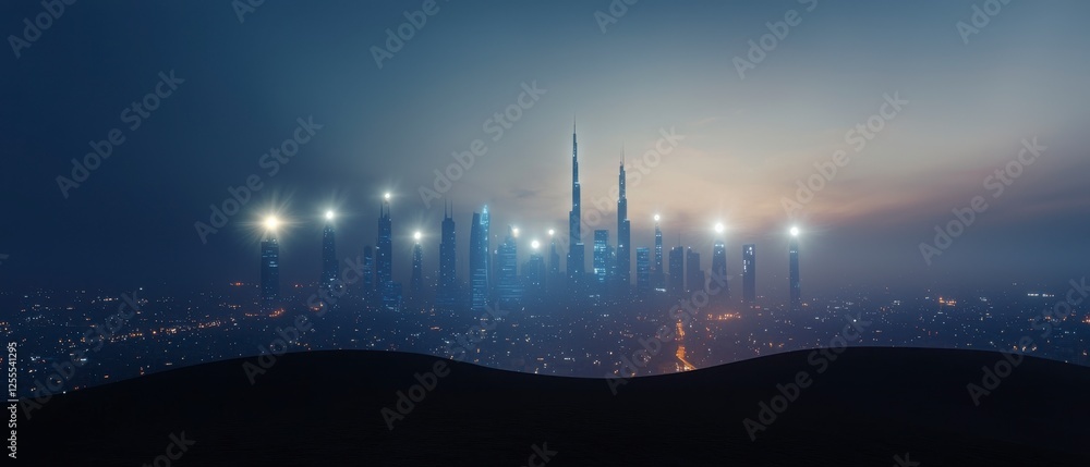 Stunning Panoramic View of a Dazzling City Skyline at Twilight with ...