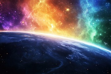 Wall Mural - vibrant cosmic scene with colorful nebula and stunning earth horizon