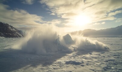 Poster - A serene landscape of snow and ice, with a sunlit sky illuminating the snowy terrain and a snow formation being gently disturbed by the wind.