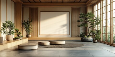 Poster - Tranquil Zen Space with Empty Wall Signage, Bright Natural Light, Plants, and Simple Furnishings for Inspired Serenity and Calm Atmosphere