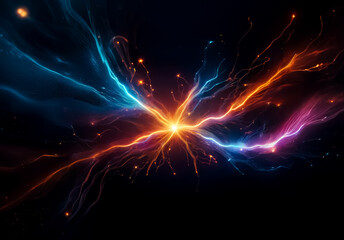 Poster - Vibrant streams of orange, blue, and purple energy burst from a central point against a dark backdrop, creating an abstract and dynamic display.