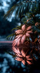 Wall Mural - Reflective Tropical Plants in Dark Water at Night