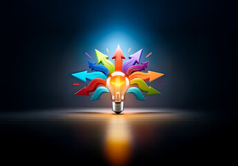 Aufkleber - Glowing lightbulb with colorful arrows radiate out. Symbolizes ideas, creativity, direction and diverse paths from a central bright source.