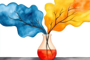 Abstract watercolor painting, a glass bottle vase, with three branches, one with blue, one with orange yellow, one with red orange colored clouds or smoke, and a dark gray background.