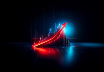 Fototapete - Illuminated red arrow pointing upwards on a bar graph against a dark backdrop. Blue and red lighting creates a futuristic, technological feel, representing growth.