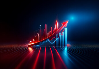 Leinwandbilder - Futuristic 3D graph shows upward financial growth with a red arrow and blue bars, neon illuminated on a dark backdrop.