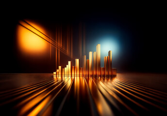 Poster - Golden bars form a rising graph, reflecting light on a dark surface. Spotlights illuminate the scene, creating a modern and abstract visual.
