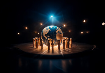 Fototapete - A group of figures encircles a globe on a stage, bathed in spotlights against a dark backdrop. Symbolic of global unity and connection.