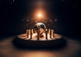 Fototapete - Wooden figures stand in a circle on a stage, surrounding a glowing globe.  Bright light shines from above and connects to each figure with light streaks in a dark bokeh backdrop.