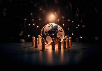 Fototapete - Wooden figures surround a glowing globe in a dark, bokeh-lit setting, symbolizing global connection and unity in a digital world.