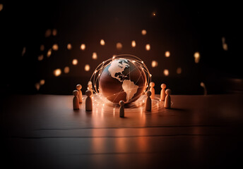 Poster - Wooden figures surround a glowing globe, symbolizing global connection and unity. Lights illuminate the scene, enhancing the feeling of community and worldwide network.