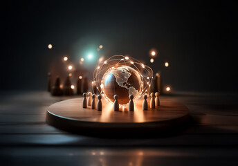 Fototapete - Glowing globe on a platform encircled by figures. Warm light and bokeh effects create a sense of global connection and unity in a digital world.