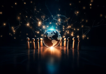 Fototapete - Illuminated globe encircled by figures on a reflective surface.  Abstract network of light connects in a dark space, representing global unity and digital connection.