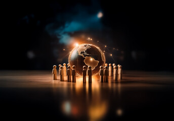 Fototapete - A group of figures encircles a glowing globe, representing worldwide connection and unity in a dimly lit space.  Light highlights the world and figures, emphasizing global community.