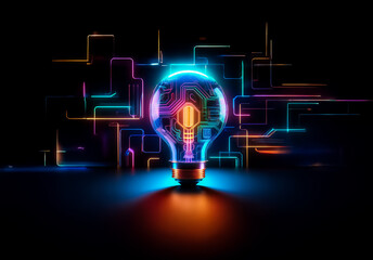 Poster - A neon lightbulb with a circuit board design emits a bright glow, set against a dark background with vibrant, colorful lines suggesting digital networks.