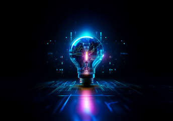 Leinwandbilder - A glowing lightbulb emits vibrant blue and pink light, set against a dark backdrop. Digital lines and circuit textures enhance a futuristic, technological concept.